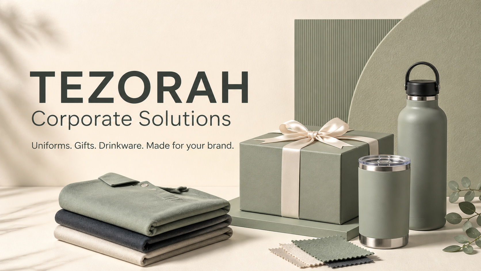 Corporate uniforms, gifts and drinkware in TEZORAH's sage and cream palette